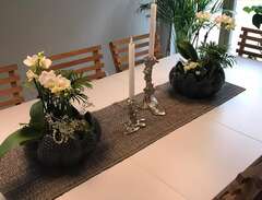 Matbord i ek med vit bordss...