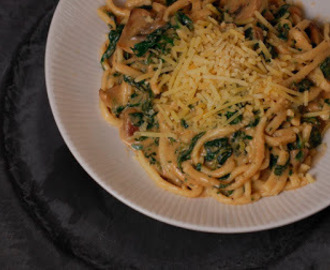 Stroganoff pasta met champignons en spinazie