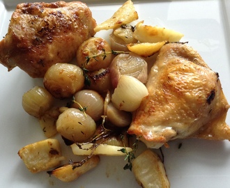 Thyme and shallots roast chicken with celeriac chips