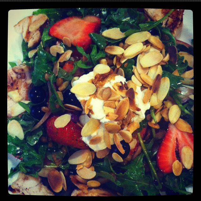 Arugula Salad w Strawberries, Blueberries, Toasted Almonds,  Goat Cheese and Seared Chicken Breast