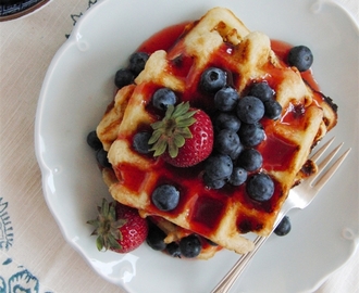Lemon Yogurt Waffles with Berries and Strawberry Rhubarb Syrup