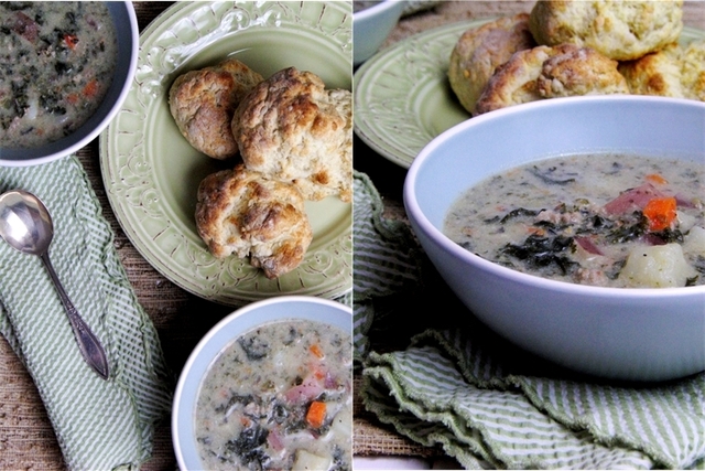 Potato Soup with Kale and Ground Turkey, and Rosemary Garlic Parmesan Biscuits