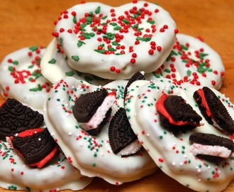 WHITE CHOCOLATE DIPPED PRETZELS TOPPED WITH CANDY CANE OREOS