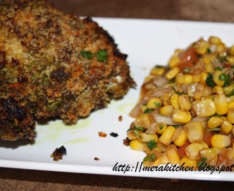 Oven fried herbed chicken with corn salsa/chaat