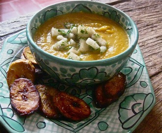 Jamaican Carrot Soup with Pear Relish and Fried Plantains