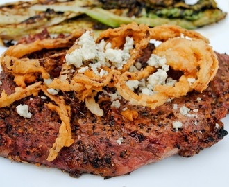 Grilled Ribeye with Blue Cheese and Homemade French Fried Onions