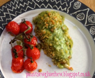 Pesto and tallegio chicken with roasted tomatoes