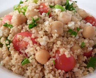 Warm Whole Grain Couscous Salad with Garbanzo Beans, Feta and Cherry Tomatoes
