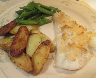 Chip-Crusted Fish Fillets w/ Fried Sliced Fingerling Potatoes, Sugar Snap Peas…