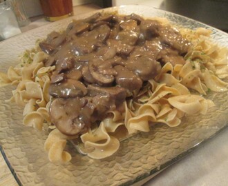 Steak Tips with Peppered Mushroom Gravy w/ Whole Wheat Noodles and Potato Pancakes