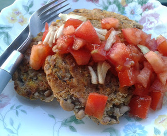 BEANS & PLANTAIN CAKES WITH A TOMATO-ONION SALAD
