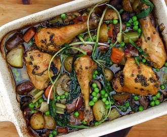food waste weekend - chicken thigh, sausage and wild garlic, fridge & freezer stew