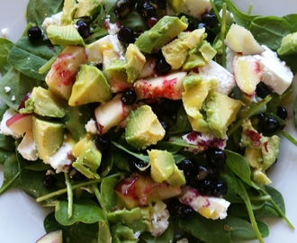Salade met avocado, bosbessen, nectarine, feta en babyspinazie