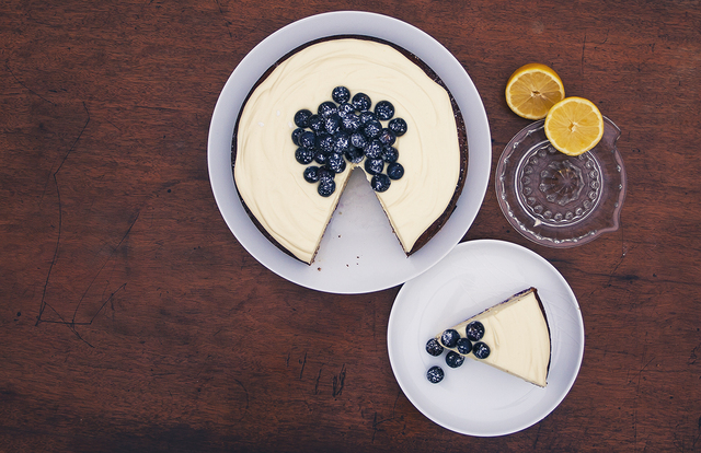 Gluten free lemon, blueberry and white chocolate cake