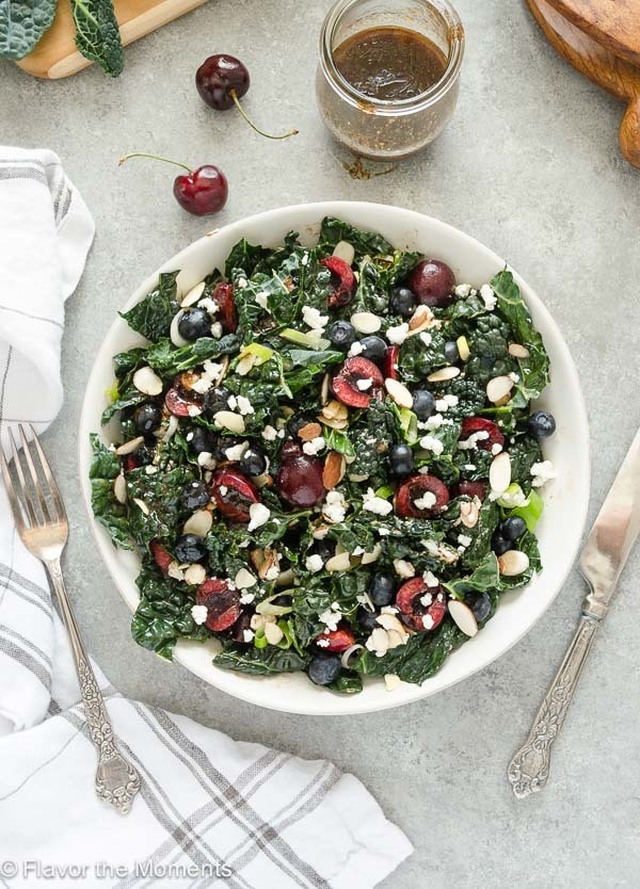 Summer Kale Salad with Blueberries, Cherries, and Goat Cheese
