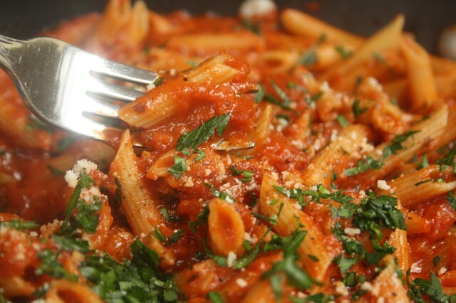 Gussied Up Pasta Sauce with Penne.