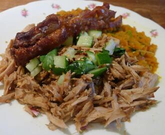 Slow Cooker Asian Pulled Pork, Tamari Mashed Carrots, and Cucumber Relish