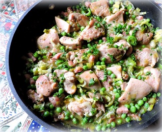 Skillet Chicken with Peas, Leeks and Bacon