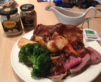 Roast beef, gravy and a huge Yorkshire pudding.