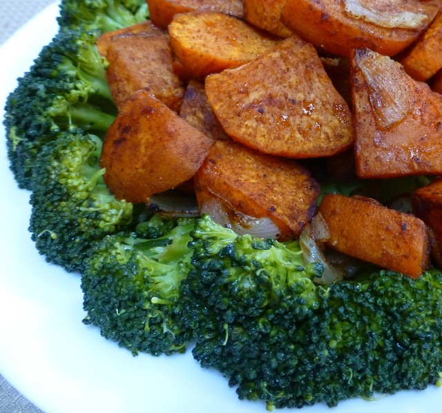 Roasted, Pumpkin Pie Spiced Sweet Potatoes On A Bed Of Broccoli - A Healthy And Colorful Dish For Easter Brunch