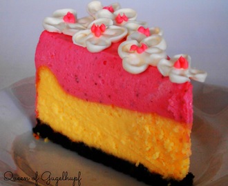 White Chocolate Cheesecake topped with Strawberry Mousse