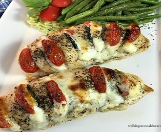 Hasselback chicken stuffed with mozzarella, tomato and basil is a new way to enjoy chicken for dinner tonight from Walking on Sunshine Recipes.