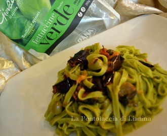 Fettuccine Verdi “Rana” con melanzane olive verdi e capperi