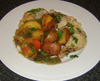 Roast Chicken with Pork, Sage and Onion Stuffing and Deep Fried Red Potatoes