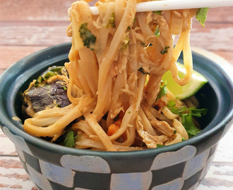 Rice noodles in peanut sauce with shredded chicken