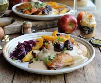 French Sunday Lunch: Guinea Fowl with Apples, Prunes and Armagnac Mustard Sauce (Pintade aux Prunes)
