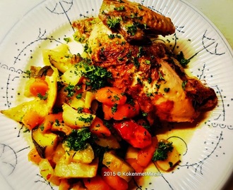 Gebraden kip in de oven met groenten en nouilly prat.