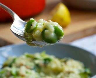Lettuce, broad bean and bacon risotto