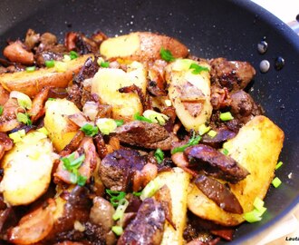 Broilerimaksaa savustetun pekonin, perunoiden ja punasipulin kera - Broilerimaksa suitsupeekoni, kartulite ja punase sibulaga - Frito Mallorquin
