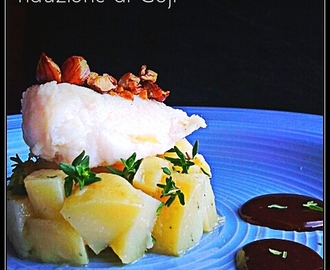MERLUZZO AL VAPORE SU PATATE AL TIMO E RIDUZIONE DI GOJI (Steamed cod on potatoes with thyme,reduction Goji)