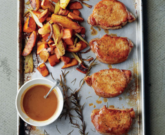 Cider-Dijon Pork Chops with Roasted Sweet Potatoes and Apples