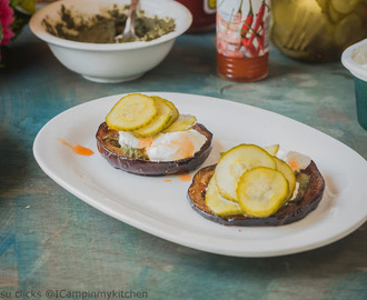 Eggplant Toasts - Toasted Eggplants with pesto, pickles and cheese