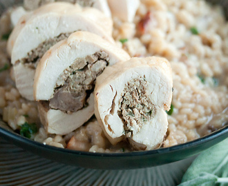 Almost Famous: Stuffed Chicken Medallions on Kale and Walnut Barley Risotto (plus a Giveaway!)