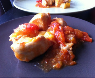 Chicken breast with red and yellow peppers