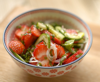 cucumber, shallot and strawberry salad with mint and passionfruit dressing