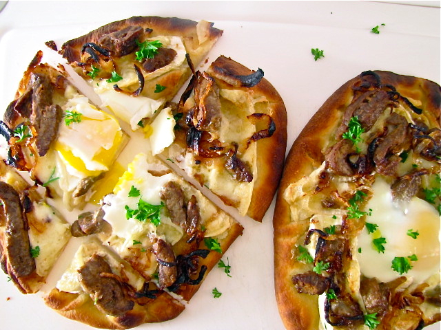 Steak & Egg Flatbread with Creamy Brie and Caramelized Onions