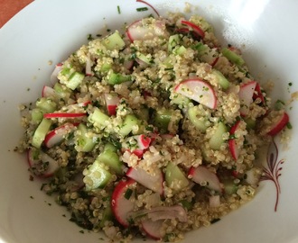 Quinoa met gemarineerde radijsjes en komkommer en groene kruiden