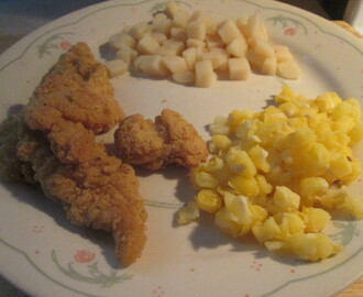 Baked Chicken Breast Strips w/ Diced New Potatoes and Golden Hominy