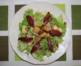 Salade composée, magret de canard, comté et croûtons