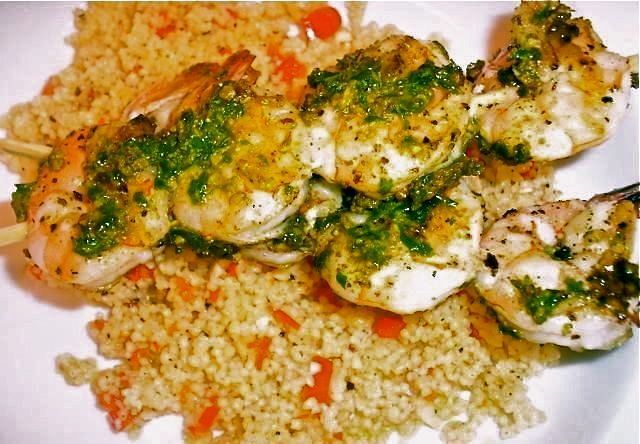 Grilled Shrimp Skewers with Pesto and Garlicky Couscous