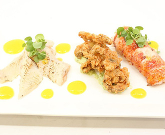 Poached Lobster Tails, and Fried Oyster with Mango and Avocado Purée