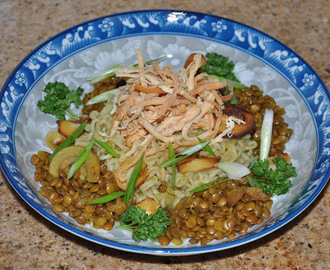 Green Thai Pepper Sauce Ramen Noodles with Hickory Smoked Bacon Lentils, Fried Galangal Chips and Ojinguh