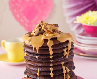 Chocolate brownie flapjack stack with pretzel brittle and peanut butter sauce