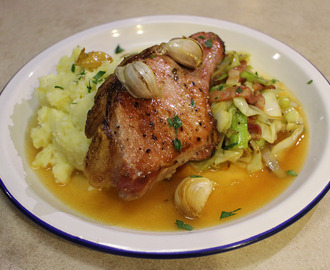 Pork Chop in Cider Sauce with Garlic Mash and Pancetta Cabbage