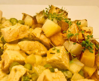 Kyckling, potatis med Panag curry, vit & grönsparrissås. ”veckans matlåda”