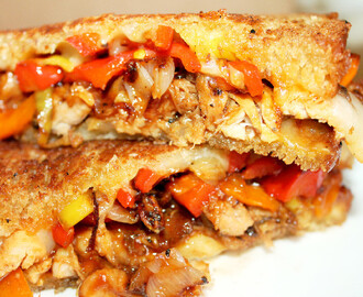 Smoked Chicken Grilled Cheese with Caramelized Shallots and Peppers